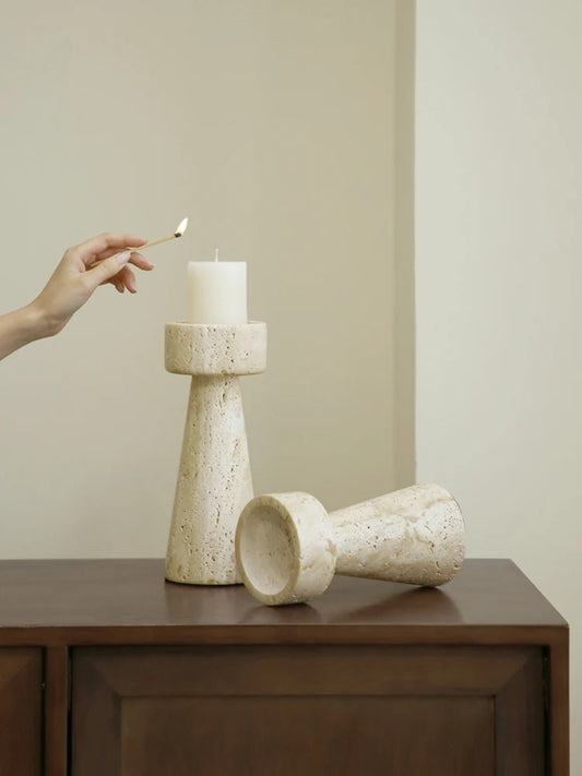 Nordic Inspired Beige Marble Candle Holder - 2 Sizes