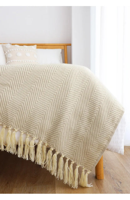 Traditional Luxury Geometric Knitted Blanket Throw With Tassels - Sage Green, Beige, Orange & Yellow