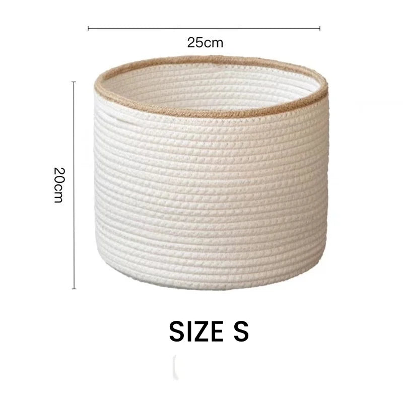 White Handmade Round Woven Cotton Rope Foldable Basket with Beige Rim - 3 Sizes