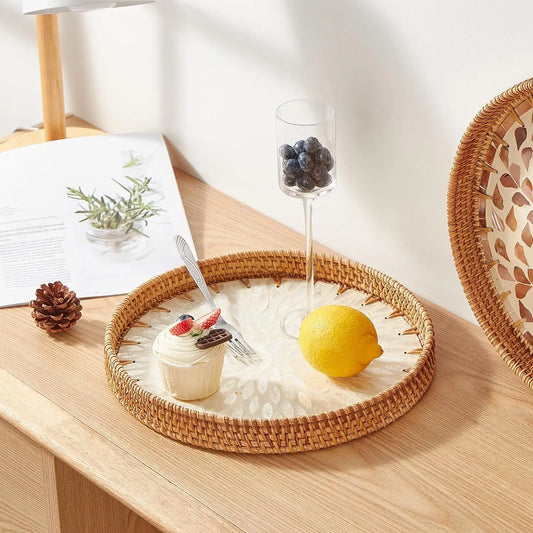 Natural Rattan Serving Tray with Decorative Stones - 5 Variants