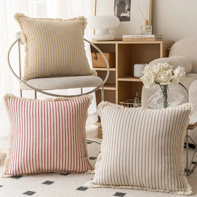 Decorative Nordic Striped Jacquard Cotton Cushion Covers With White Frill Detail - 4 Colours