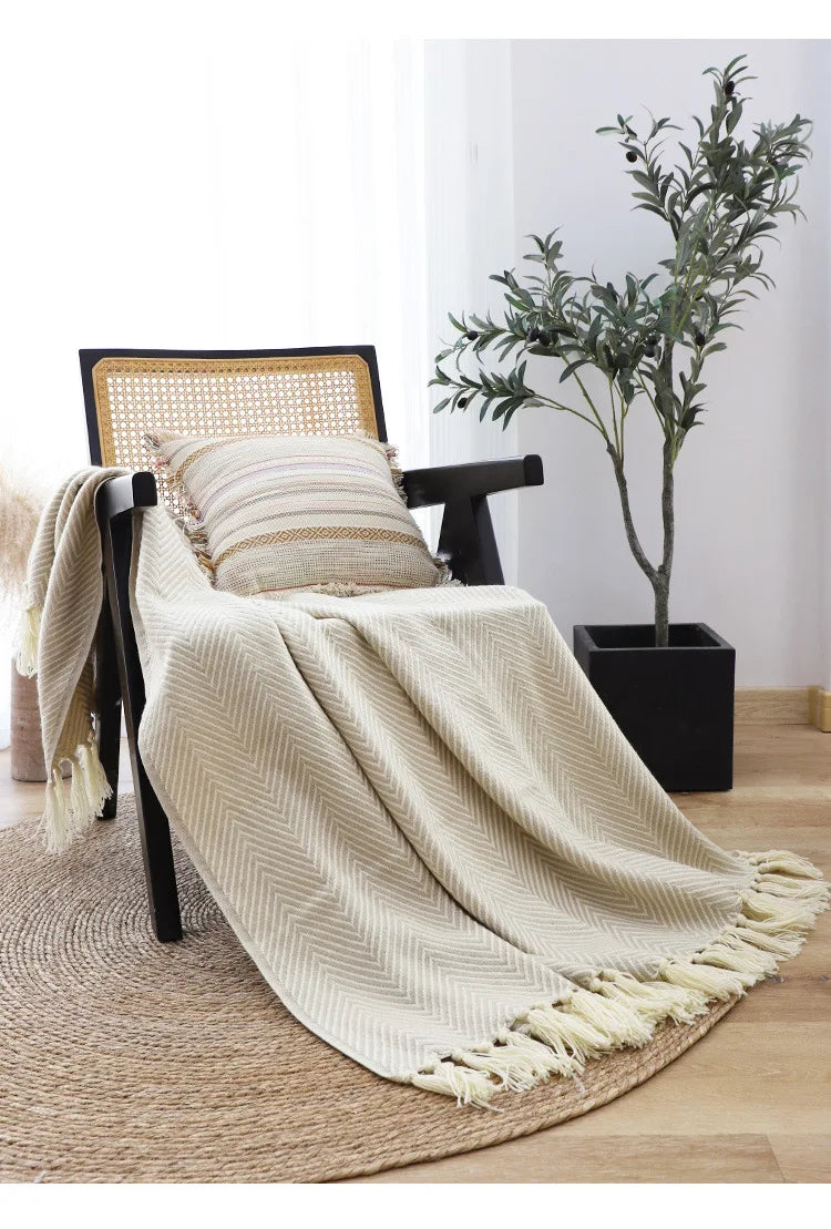 Traditional Luxury Geometric Knitted Blanket Throw With Tassels - Sage Green, Beige, Orange & Yellow