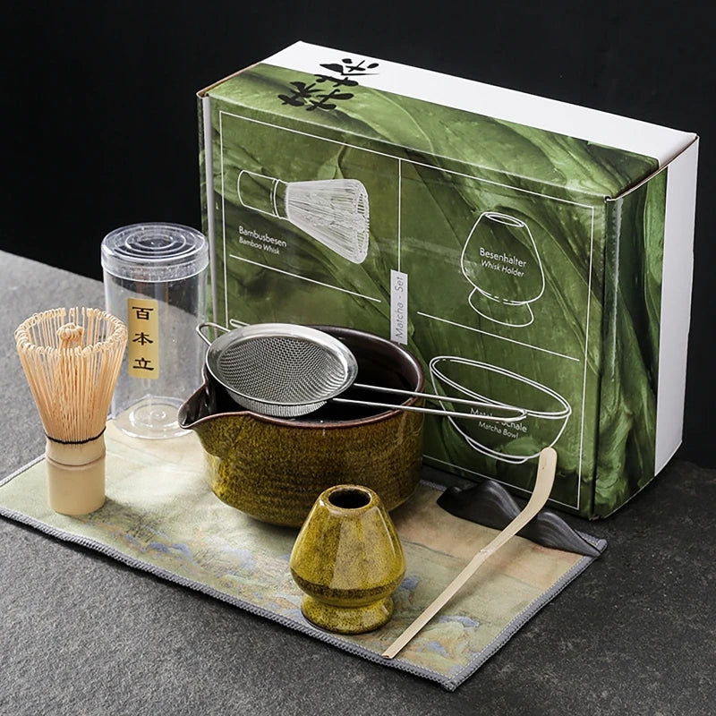 7-Piece Set Handmade Japanese Matcha Ceremony Gift Set - White, Yellow & Blue