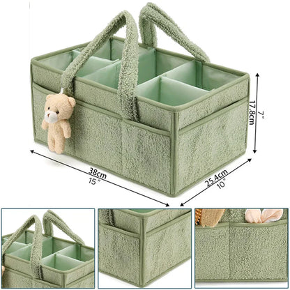 Multifunctional Bouclé & Fleece Style Nappy Caddy Storage Basket with Handles - Brown, Pink, Sage & Ivory