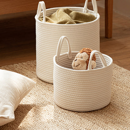 Handmade Round Woven Cotton Rope Foldable Basket with Handles - Beige & White