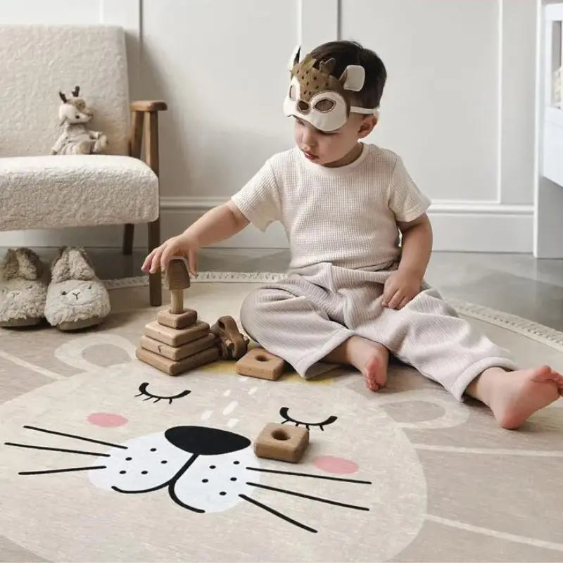 Light Beige Animal Playmat Children's Room Round Lion Rug - 3 Sizes