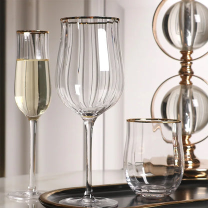 Set of 4 Sky Ripple Crystal Wine & Champagne Glasses with Gold Edge - 4 Sizes