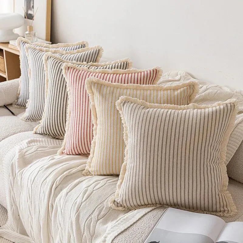 Lilly Lula Decorative Nordic Striped Jacquard Cotton Cushion Covers With White Frill Detail 4 Colours