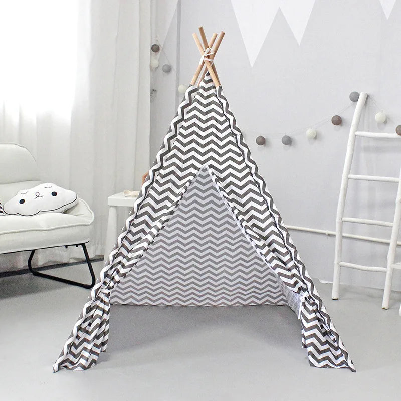 Grey Indoor & Outdoor Tipi Play Tent for Children With Stripes