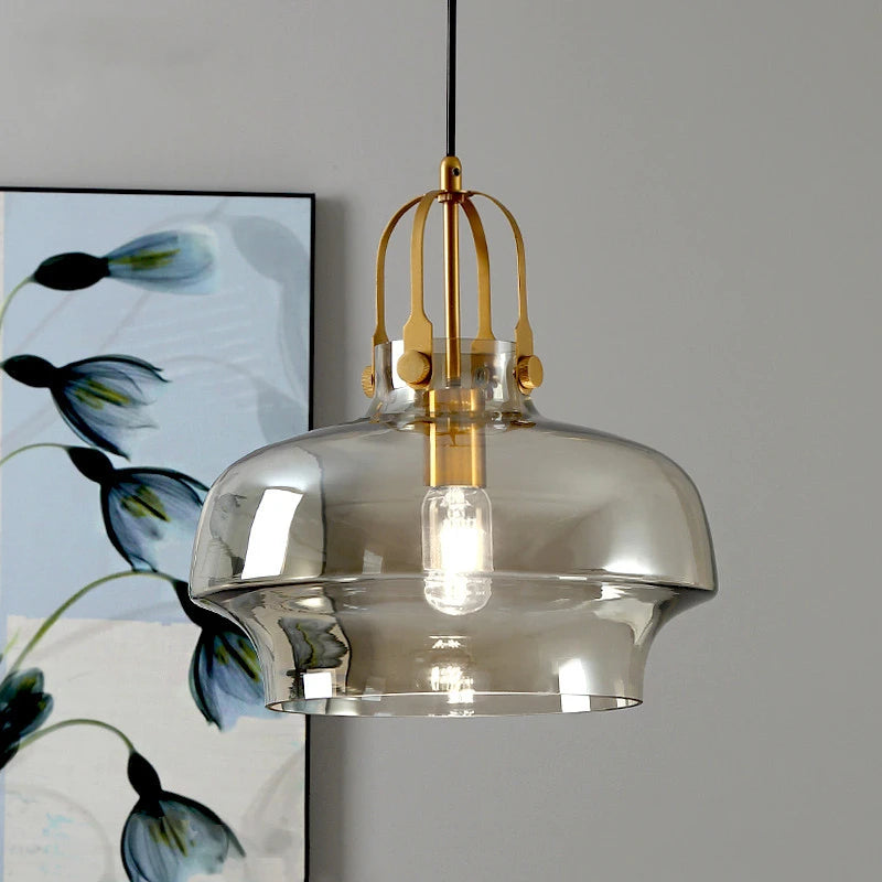 Postmodern Hanging Glass Pendant Light with Gold Details- Grey, Amber & Clear