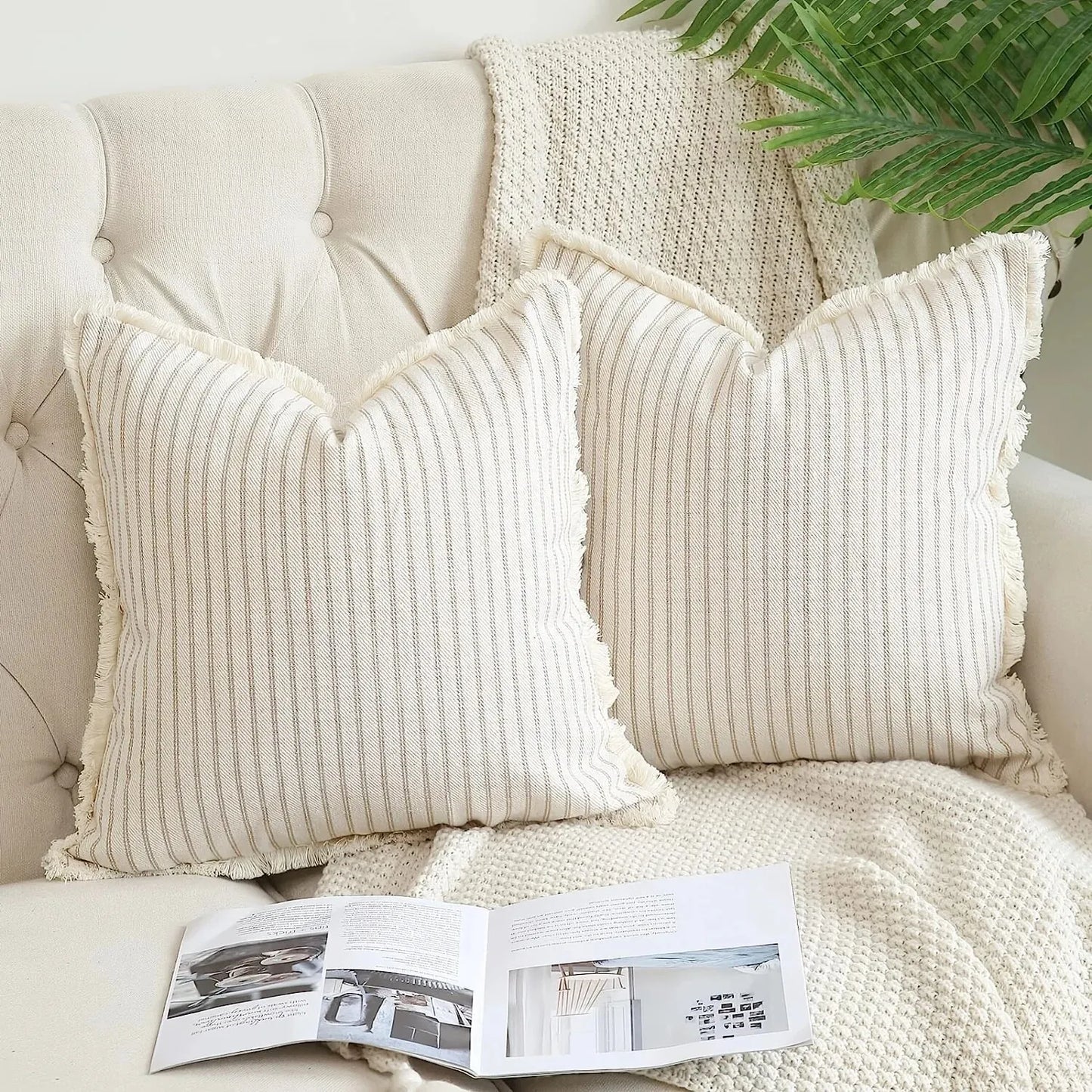 Decorative Nordic Striped Jacquard Cotton Cushion Covers With White Frill Detail - 4 Colours