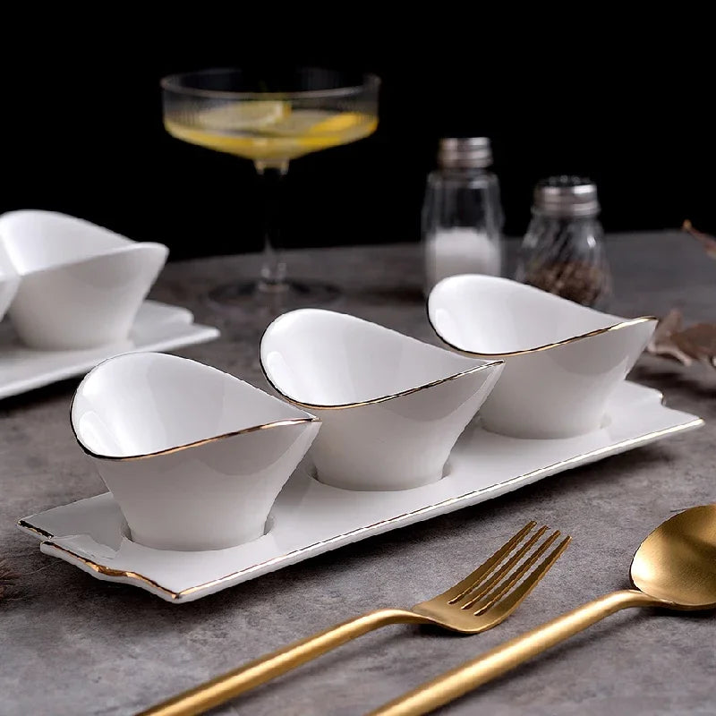 Set of 3 White Ceramic Ingot Dessert, Fruit & Snack Bowls with Plate - Gold & White