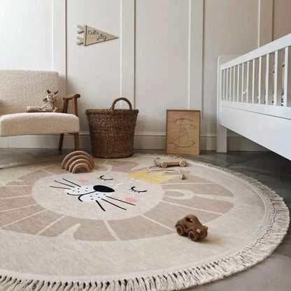 Light Beige Animal Playmat Children's Room Round Lion Rug - 3 Sizes