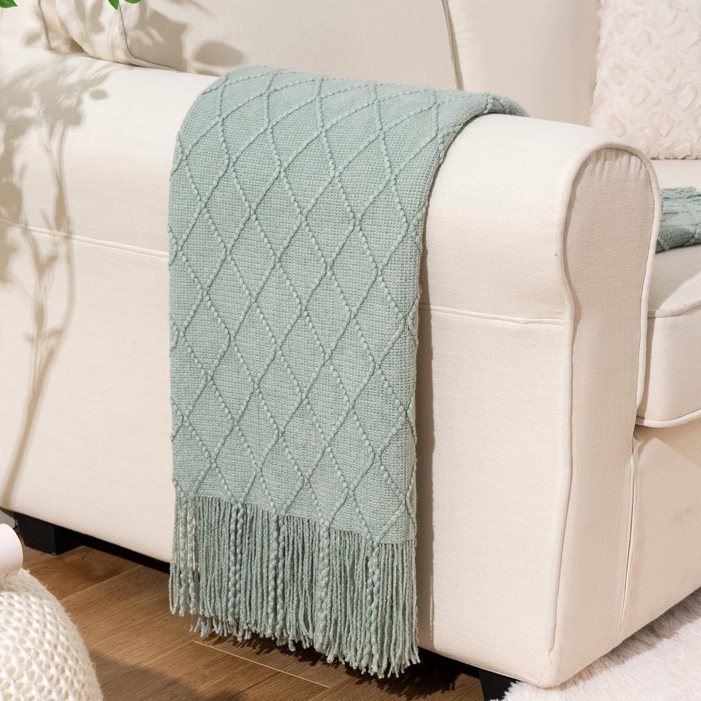 Nordic Knitted Crocheted Diamond Jacquard Throw Blanket with Tassels - 9 Colours