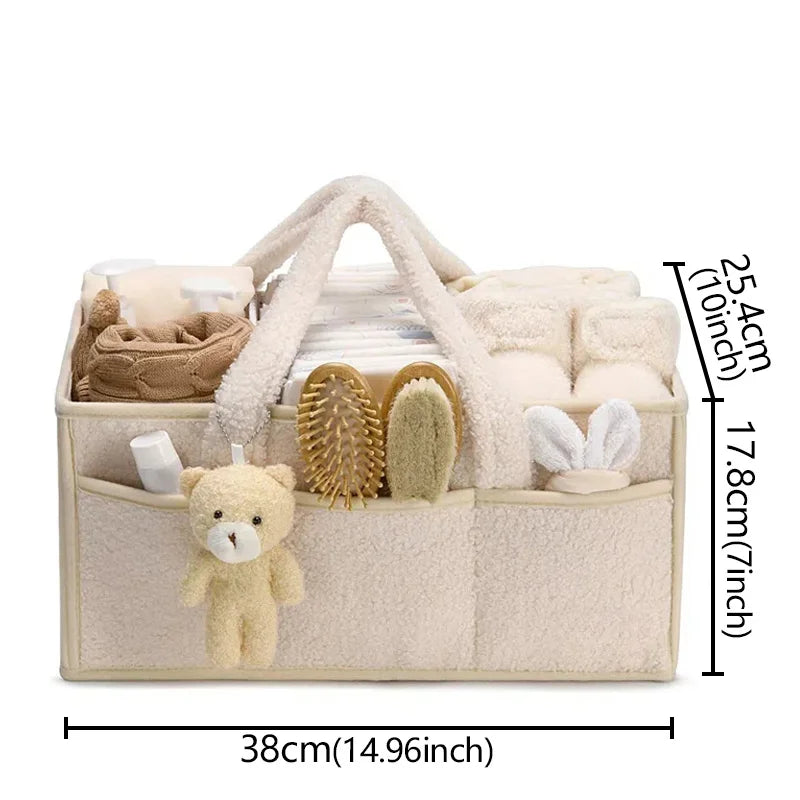 Multifunctional Bouclé & Fleece Style Nappy Caddy Storage Basket with Handles - Brown, Pink, Sage & Ivory