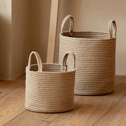 Handmade Round Woven Cotton Rope Foldable Basket with Handles - Beige & White