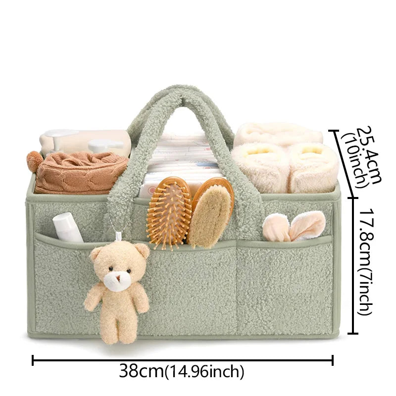 Multifunctional Bouclé & Fleece Style Nappy Caddy Storage Basket with Handles - Brown, Pink, Sage & Ivory