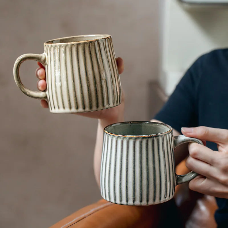 Large Handmade Ceramic Ripple Mug with Wooden Lid - Beige & Grey