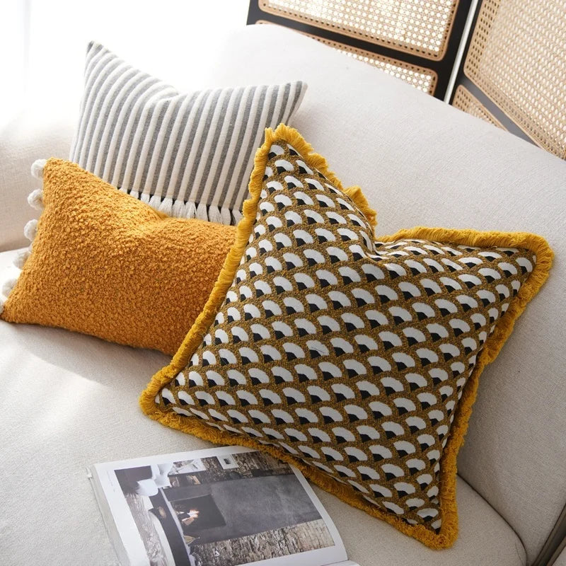 Modern Decorative Yellow & Gold Retro Geometric Cushion Cover with Frill - 3 Sizes