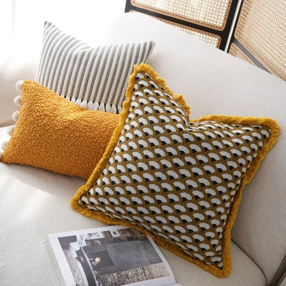 Modern Decorative Yellow & Gold Retro Geometric Cushion Cover with Frill - 3 Sizes