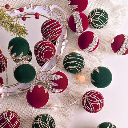 Set of 12 Velvet & Glitter Shatterproof Christmas Tree Baubles 6cm - Burgundy, Green & Cream