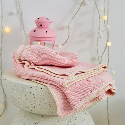 Knitted Cotton Swaddle Blanket for Baby with Knot Detail - Ivory, Beige, Pink, Grey & Baby Blue