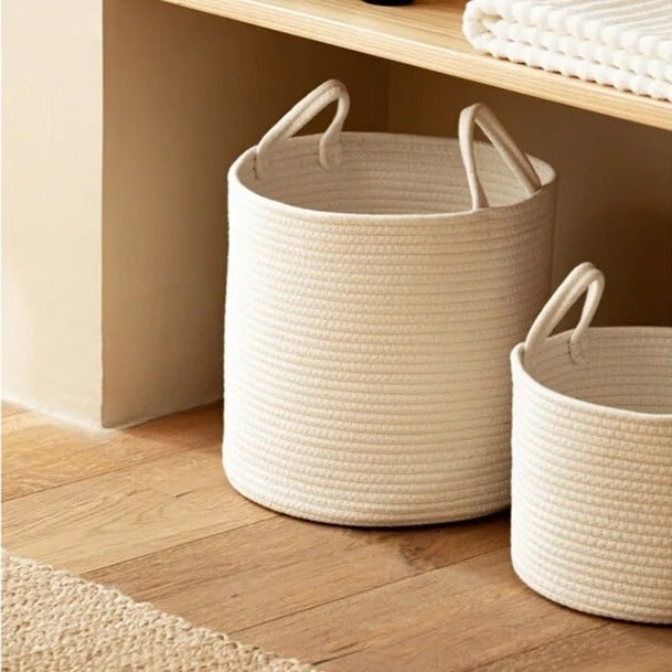 Handmade Round Woven Cotton Rope Foldable Basket with Handles - Beige & White