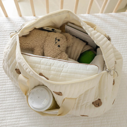 Large White Embroidery Baby Nappy Changing Washbag with Shoulder Strap - Bear, Bunny, Squirrel, Olive & Tulip