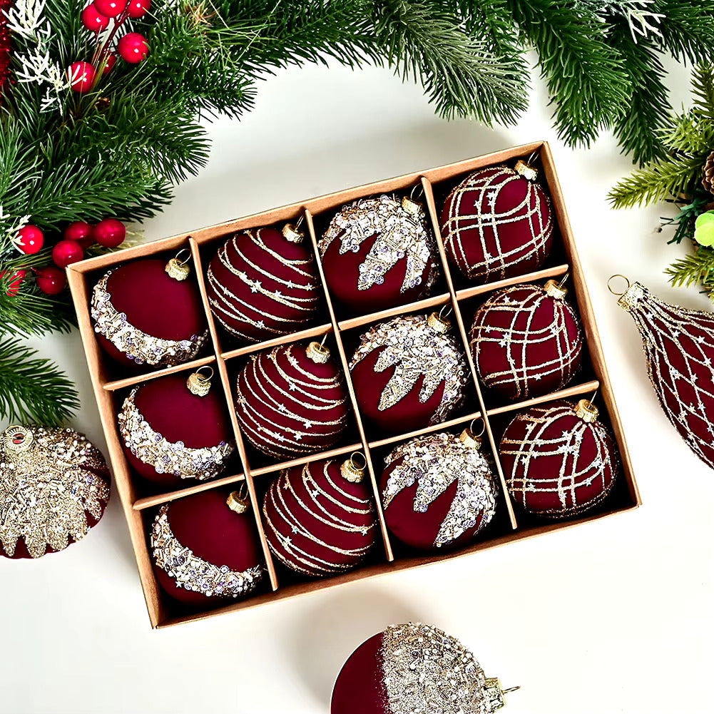 Set of 12 Velvet & Glitter Shatterproof Christmas Tree Baubles 6cm - Burgundy, Green & Cream