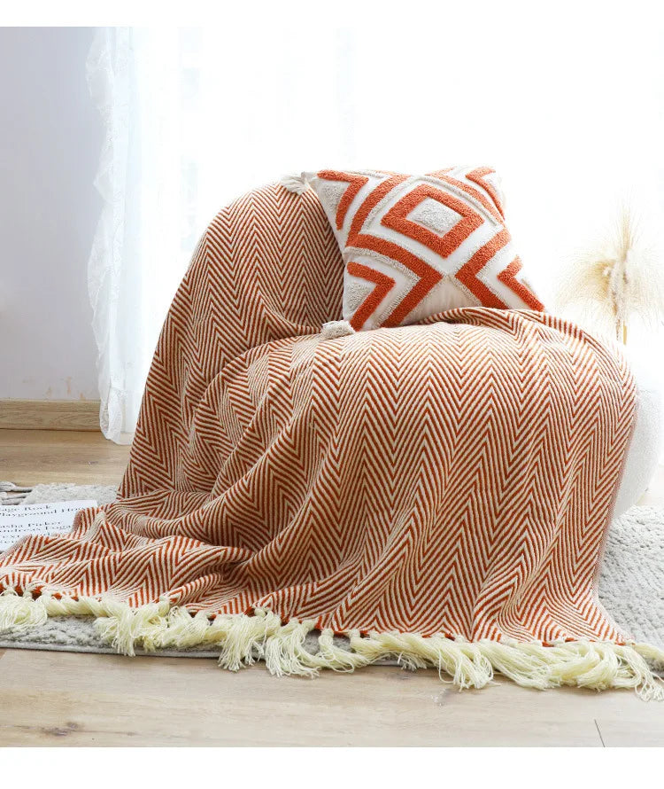 Traditional Luxury Geometric Knitted Blanket Throw With Tassels - Sage Green, Beige, Orange & Yellow