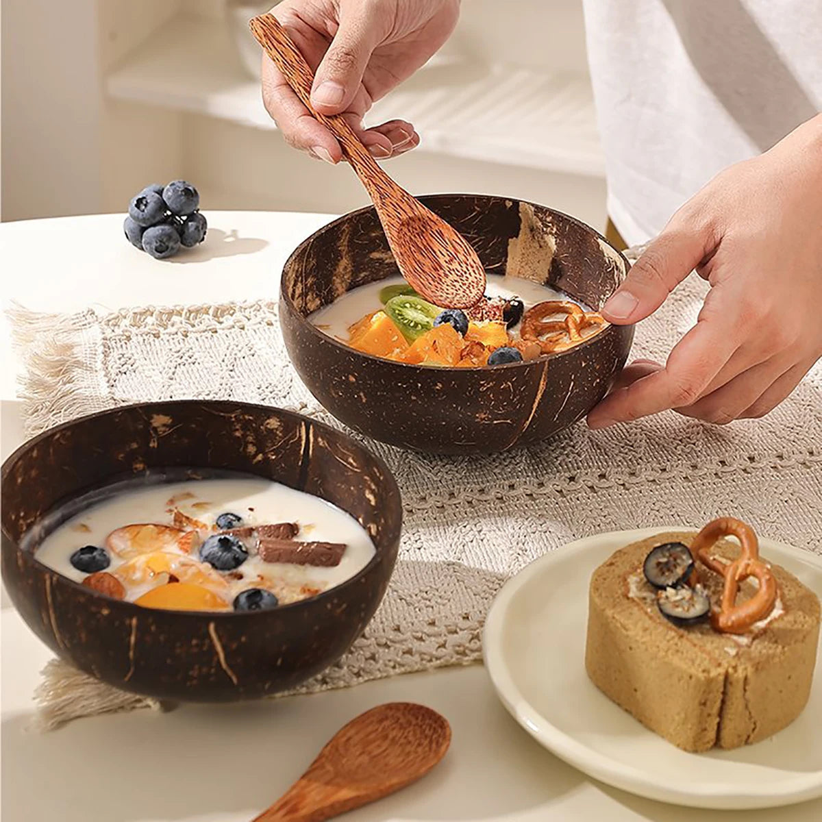 Set of 2 & 4 Eco Friendly Wooden Coconut Serving Bowls with Wooden Spoon - 3 Sizes