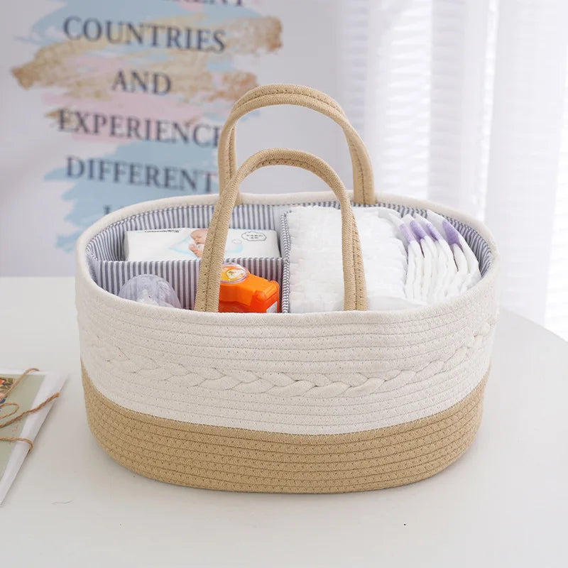 Multifunctional Cotton Nappy Caddy Storage Basket with Handles - Beige, Grey & Brown