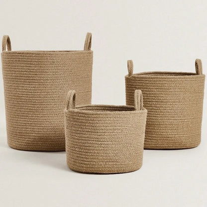 Handmade Round Woven Cotton Rope Foldable Basket with Handles - Beige & White