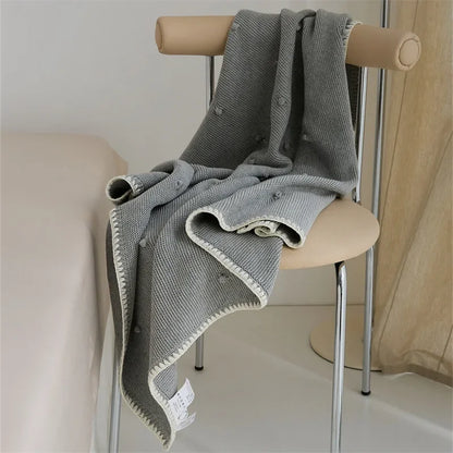 Knitted Cotton Swaddle Blanket for Baby with Knot Detail - Ivory, Beige, Pink, Grey & Baby Blue