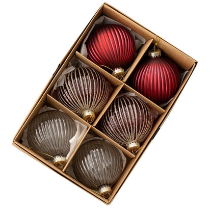 Set of 6 Luxurious Glass Christmas Tree Baubles 6cm - Burgundy, Champagne & Grey