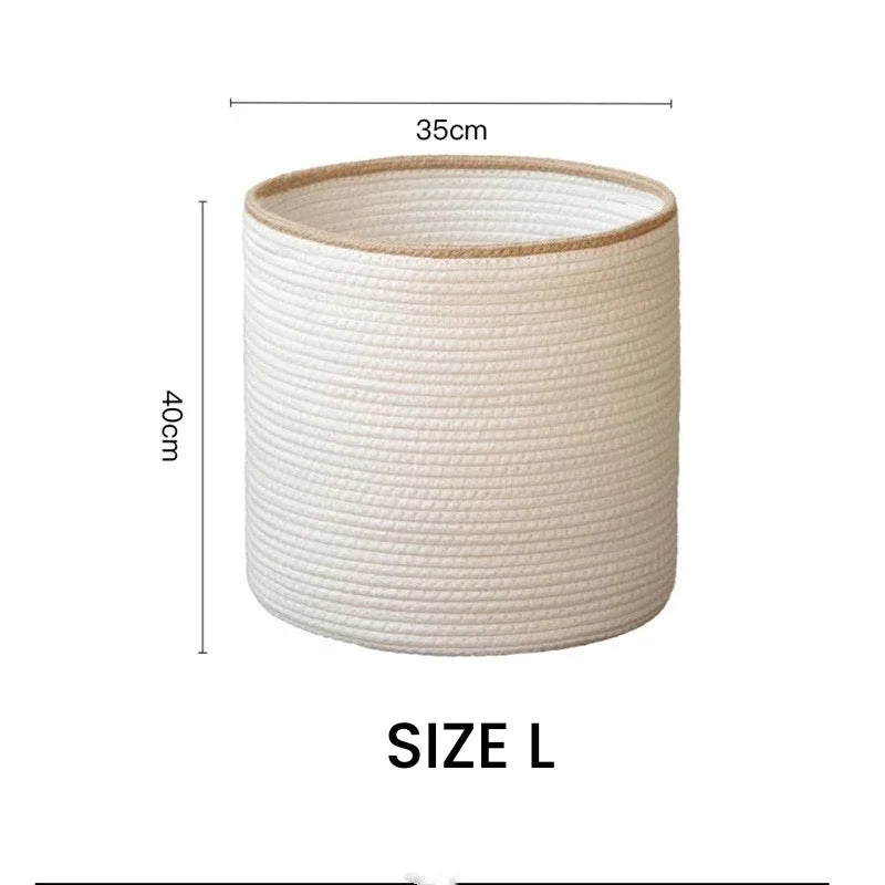 White Handmade Round Woven Cotton Rope Foldable Basket with Beige Rim - 3 Sizes