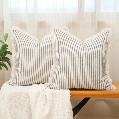 Decorative Nordic Striped Jacquard Cotton Cushion Covers With White Frill Detail - 4 Colours