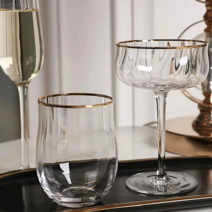 Set of 4 Sky Ripple Crystal Wine & Champagne Glasses with Gold Edge - 4 Sizes