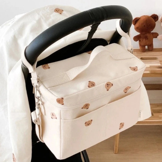 Large Waterproof Thermal White Embroidery Diaper & Cooler Stroller Bag - Bear, Olive & Tulip