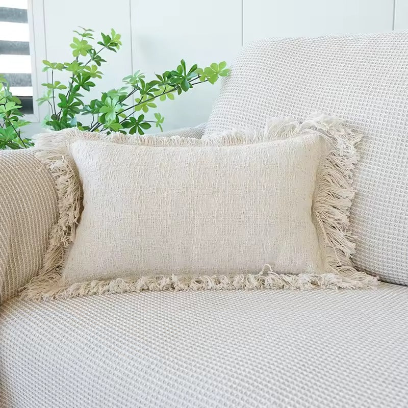 Modern Luxury Ivory Cotton & Linen Cushion Cover With Tassel Detail