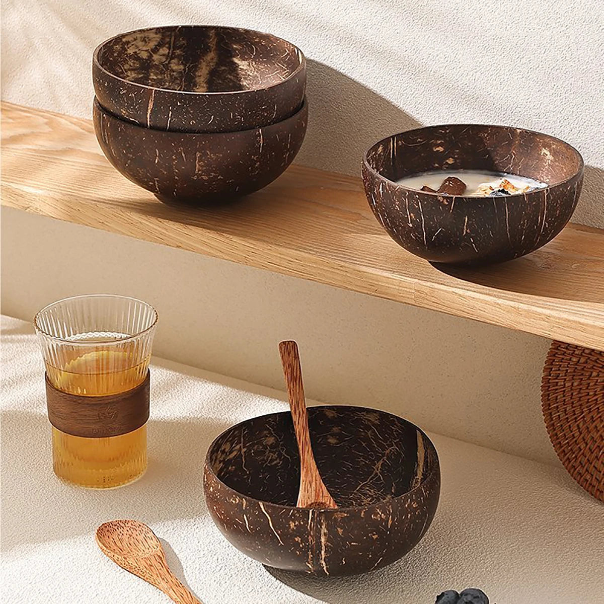 Set of 2 & 4 Eco Friendly Wooden Coconut Serving Bowls with Wooden Spoon - 3 Sizes