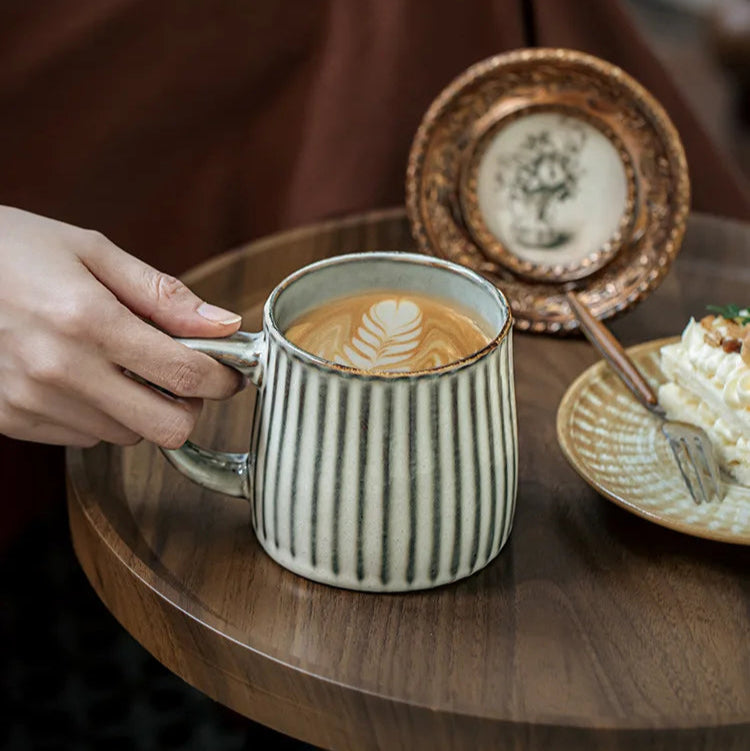 Large Handmade Ceramic Ripple Mug with Wooden Lid - Beige & Grey