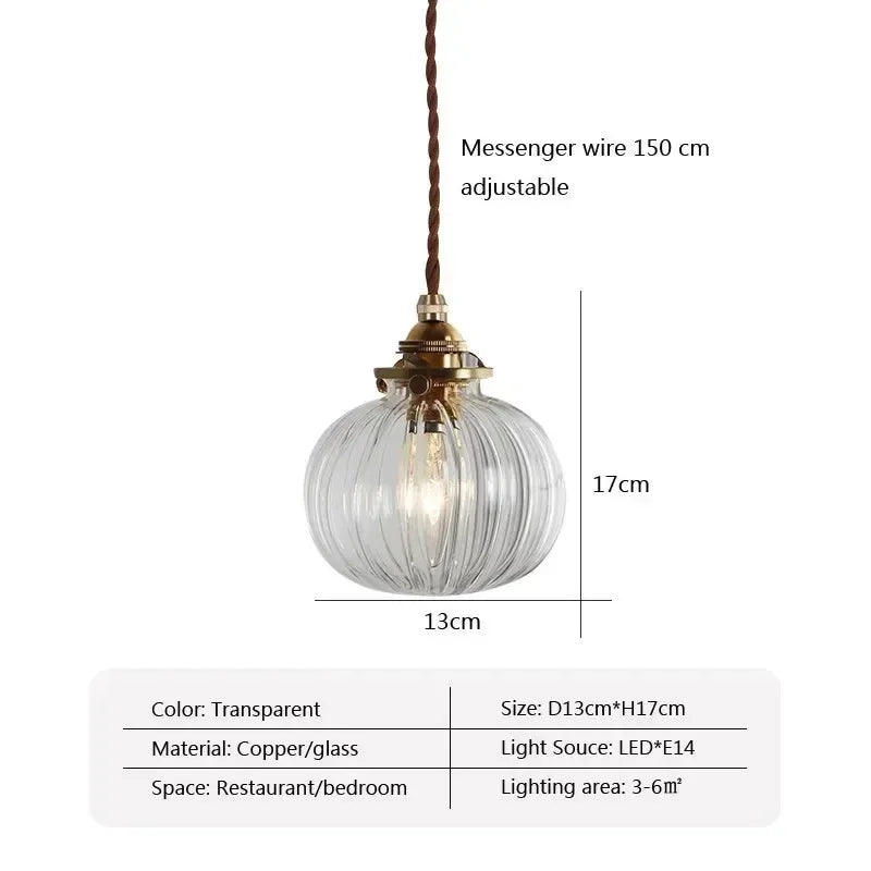 Nordic Inspired Ribbed Round Clear Glass Pendant with Brass Details