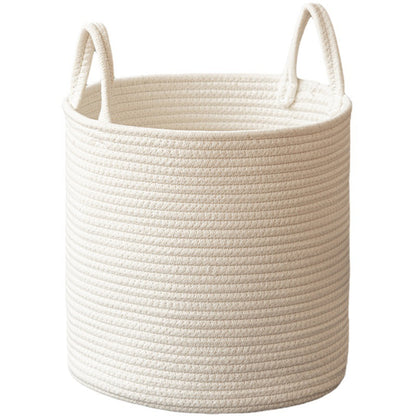 Handmade Round Woven Cotton Rope Foldable Basket with Handles - Beige & White