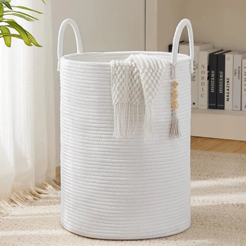 Handmade Round Woven Cotton Rope Foldable Basket with Handles - Beige & White