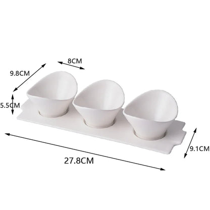 Set of 3 White Ceramic Ingot Dessert, Fruit & Snack Bowls with Plate - Gold & White