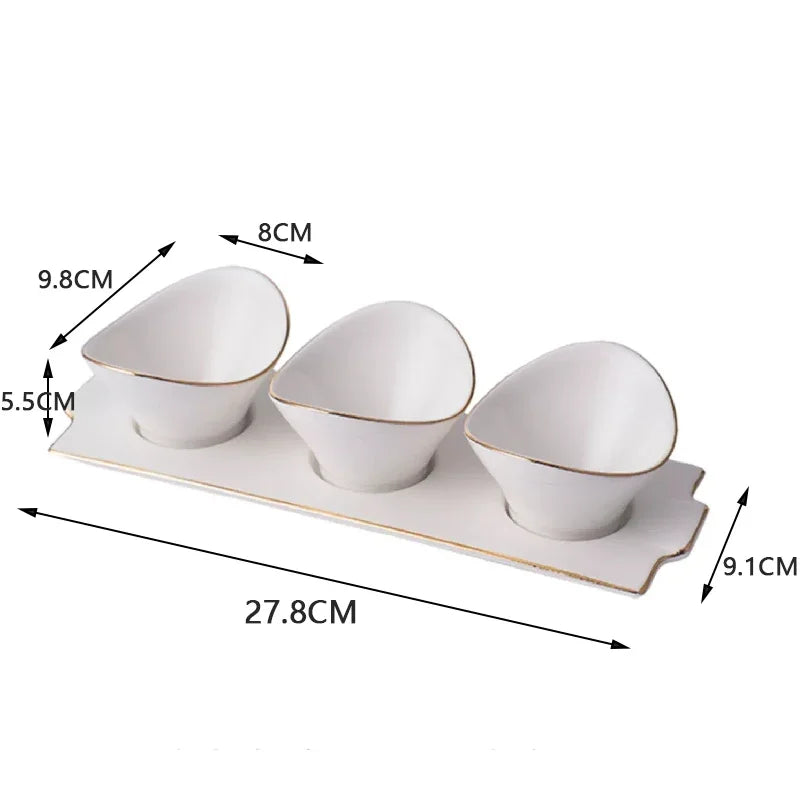 Set of 3 White Ceramic Ingot Dessert, Fruit & Snack Bowls with Plate - Gold & White