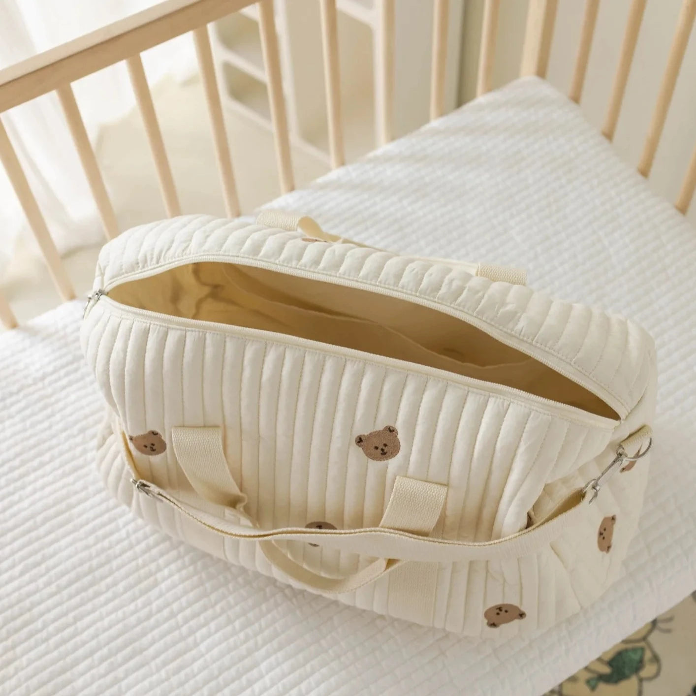 Large White Embroidery Baby Nappy Changing Washbag with Shoulder Strap - Bear, Bunny, Squirrel, Olive & Tulip