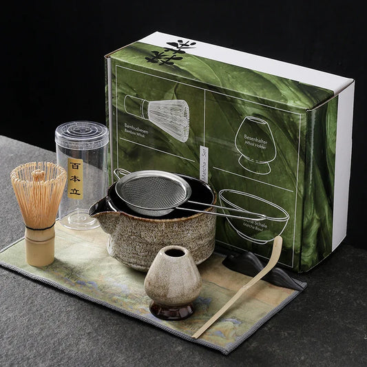 7-Piece Set Handmade Japanese Matcha Ceremony Gift Set - White, Yellow & Blue