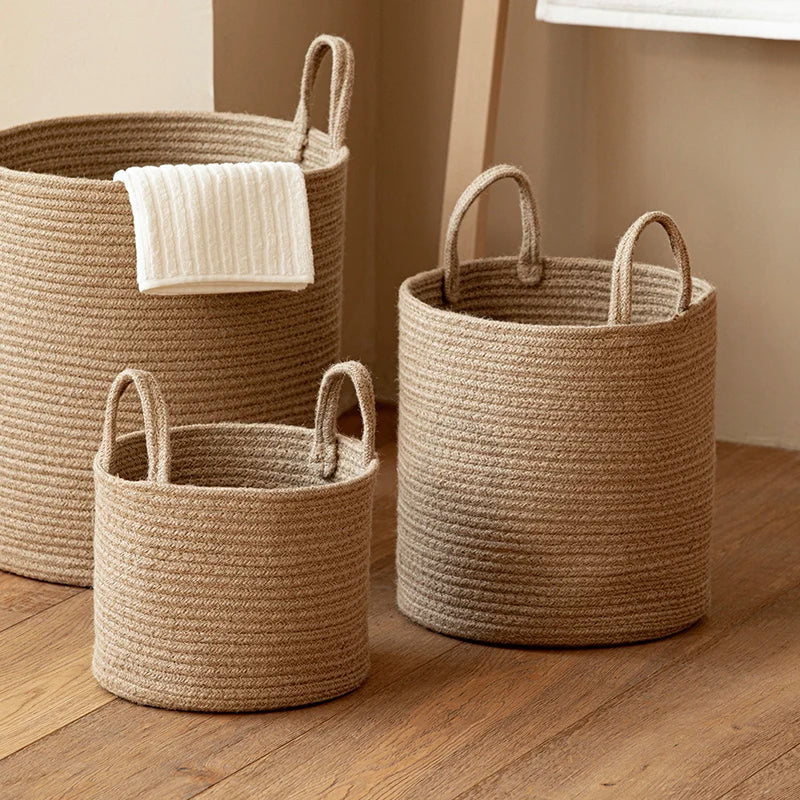 Handmade Round Woven Cotton Rope Foldable Basket with Handles - Beige & White